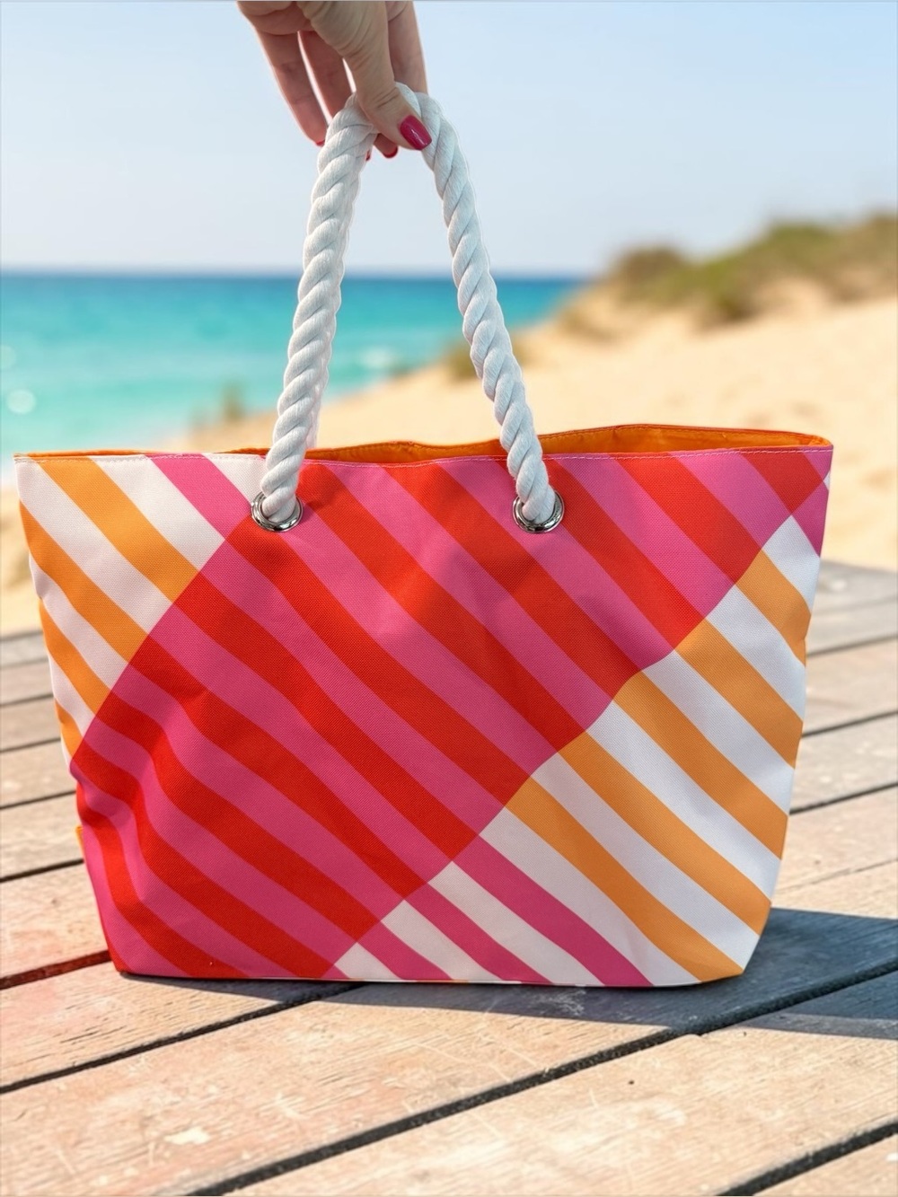 Clinique Large Striped Pink & Orange Beach Tote w/ Rope Handles 19 x 13 x 4 NEW